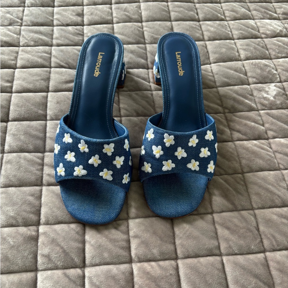 Larroudé Brigitte Flower-Embroidered Mules Size 8.5